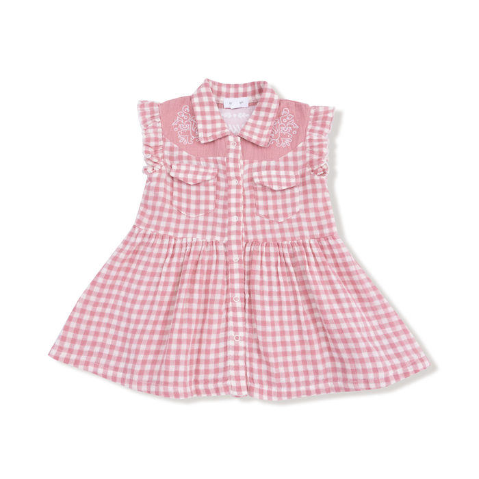 ANGEL DEAR: WESTERN PEARL SNAP DRESS AND BLOOMER - ROSE PINK PLAID