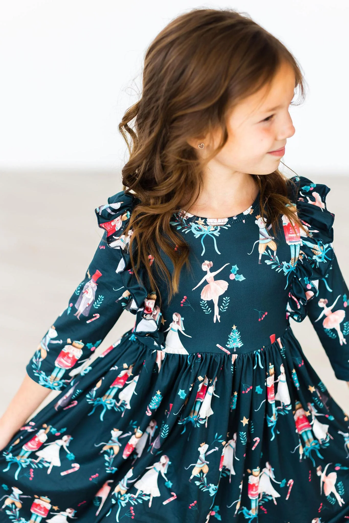 MILA & ROSE: CHRISTMAS BALLET 3/4 SLEEVE RUFFLE TWIRL DRESS