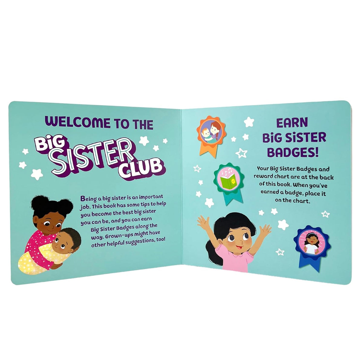 WELCOME TO THE BIG SISTER CLUB BOARD BOOK, STICKER BADGES, AND A REWARD CHART
