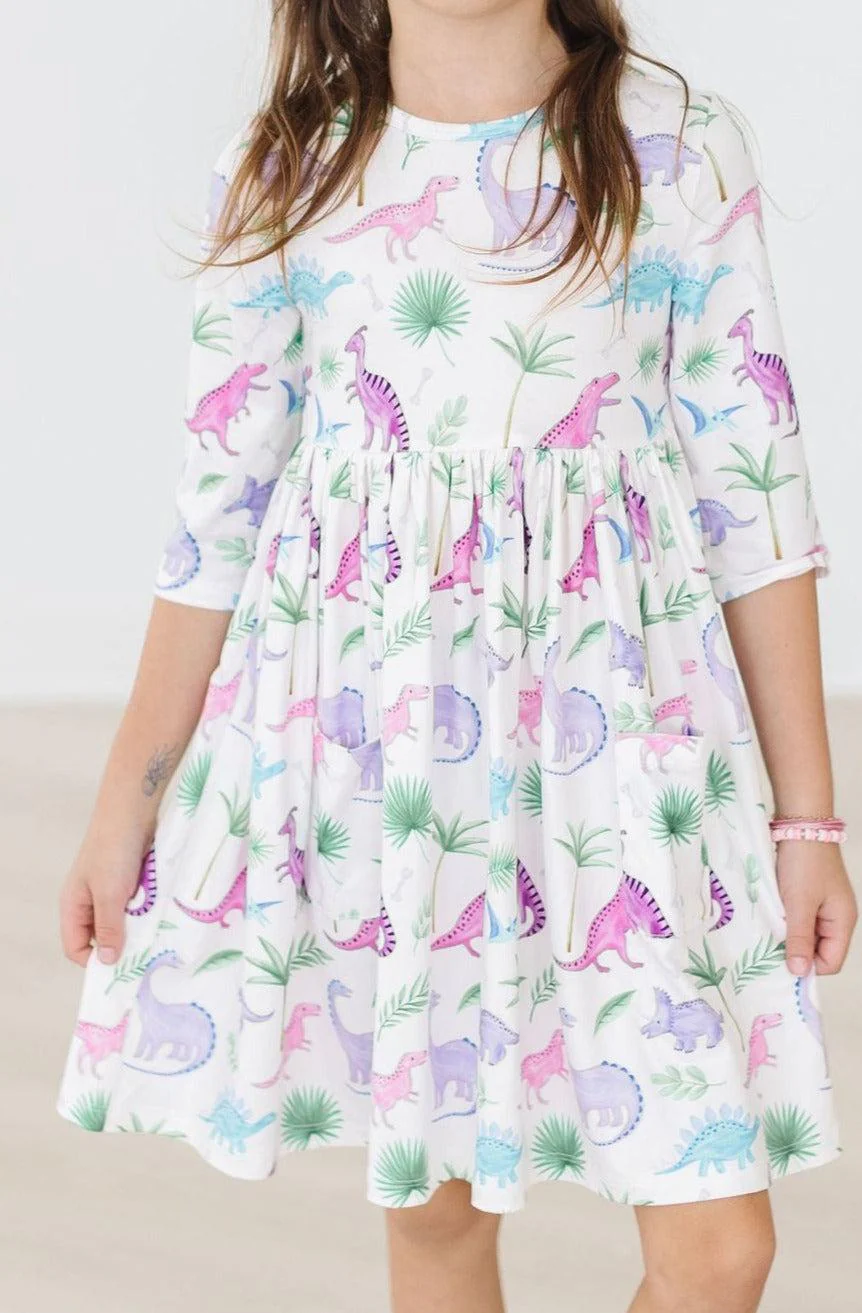 MILA & ROSE: DINO DARLING 3/4 SLEEVE POCKET TWIRL DRESS