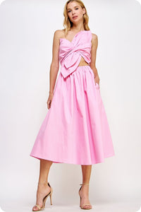 KNOTTED FLOWER BOW MIDI DRESS - PINK