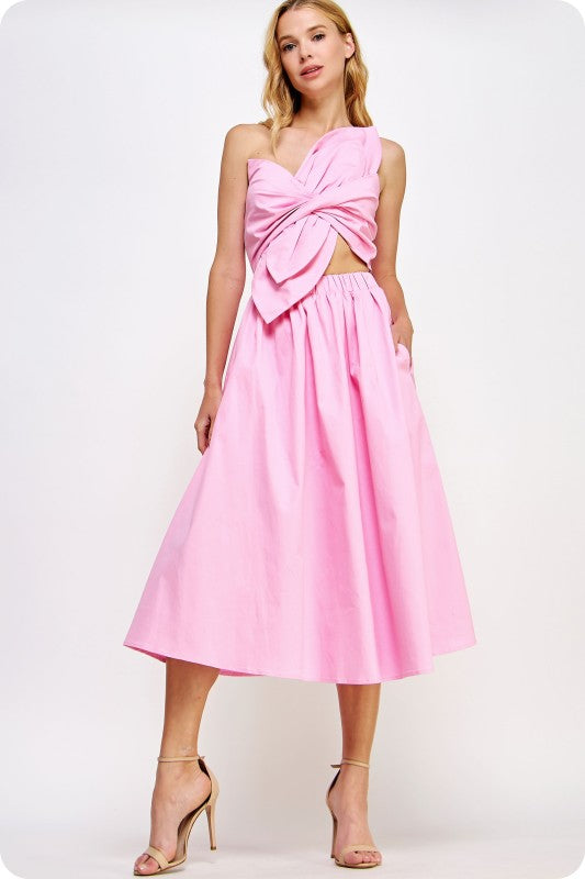 KNOTTED FLOWER BOW MIDI DRESS - PINK