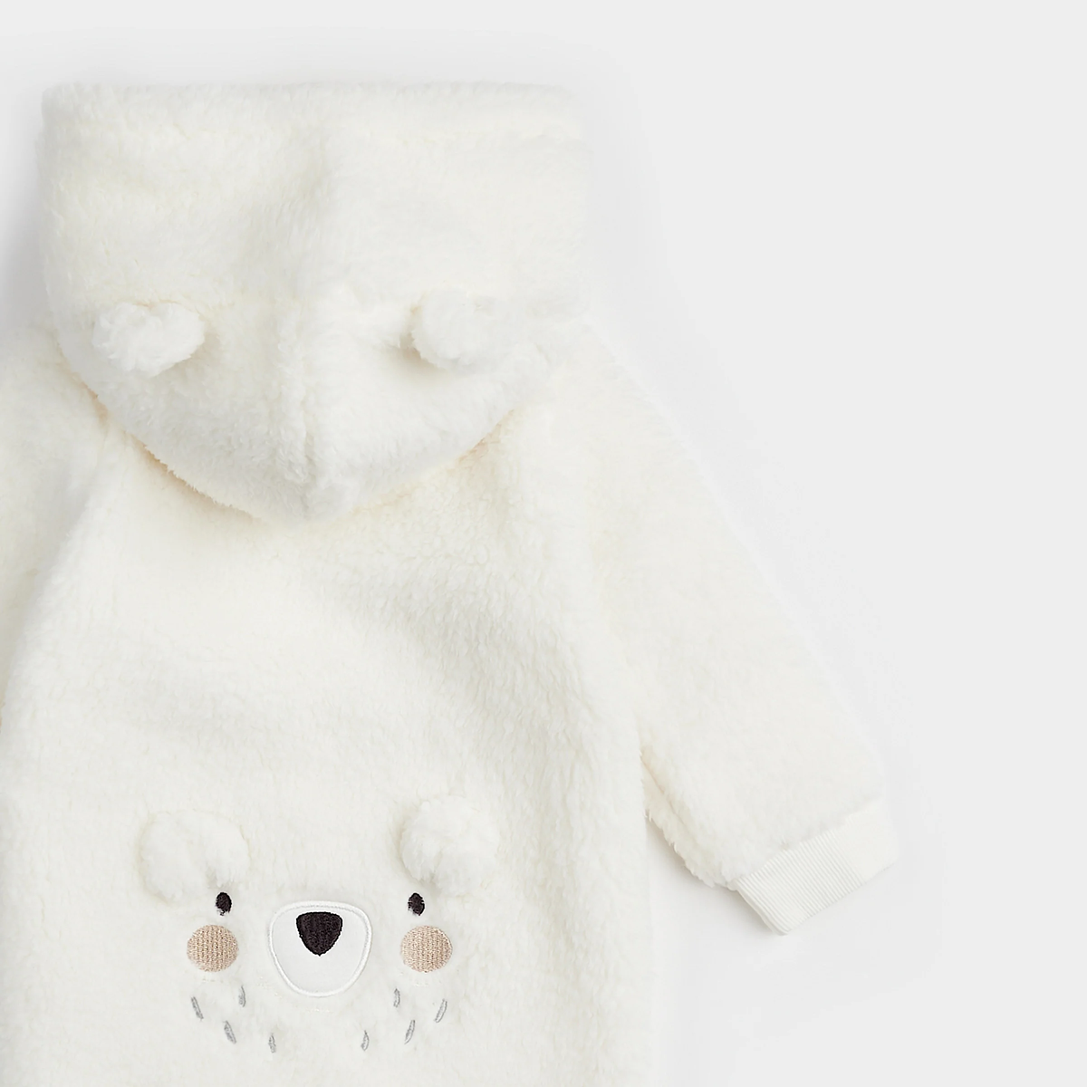 PETIT LEM: POLAR BEAR ON HOODED SHERPA PLAYSUIT - OFF WHITE