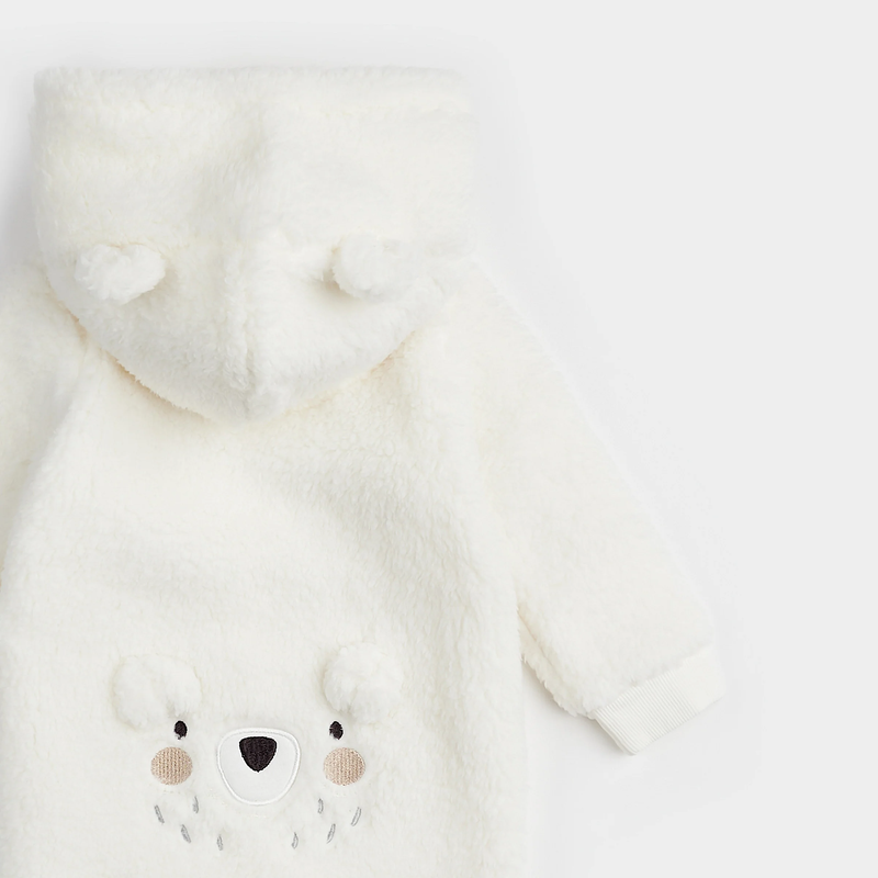 PETIT LEM: POLAR BEAR ON HOODED SHERPA PLAYSUIT - OFF WHITE