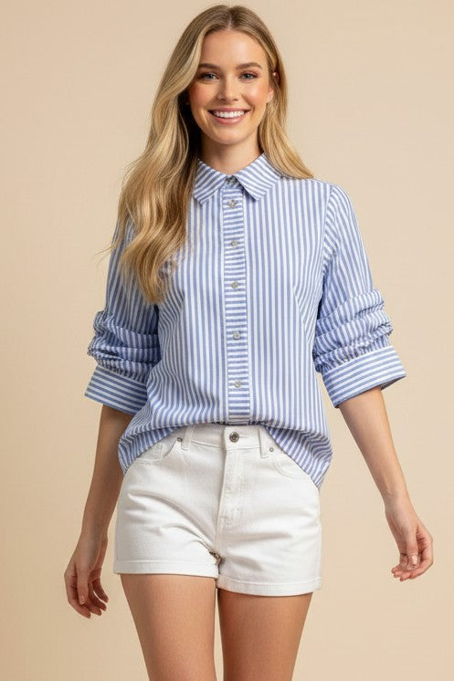PINCH: RUCHED SLEEVE STRIPED BUTTON DOWN TOP - LIGHT BLUE