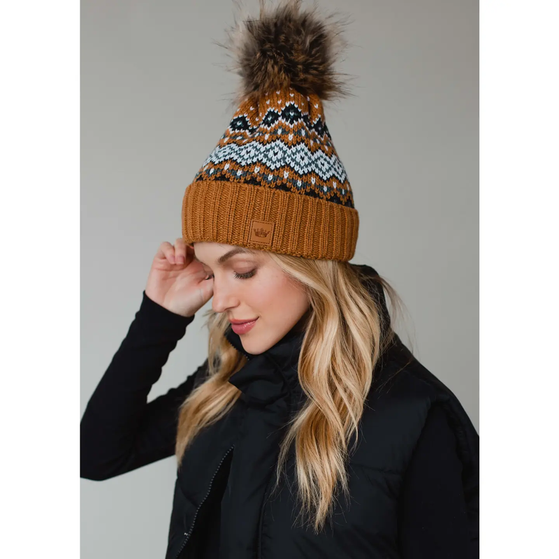 PANACHE APPAREL: CAMEL, BLACK, WHITE & BLUE PATTERNED POM HAT