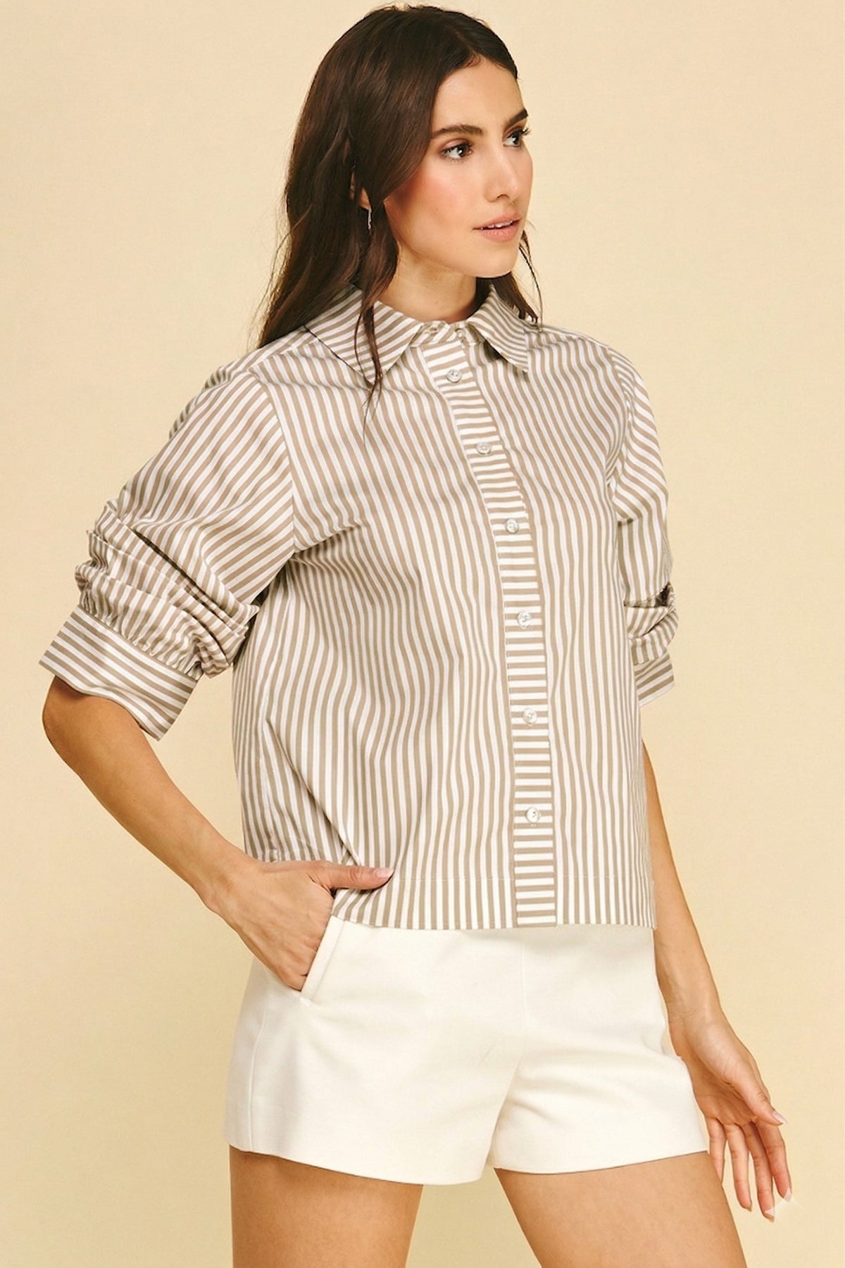 PINCH: RUCHED SLEEVE STRIPED BUTTON DOWN TOP - KHAKI