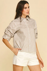 PINCH: RUCHED SLEEVE STRIPED BUTTON DOWN TOP - KHAKI