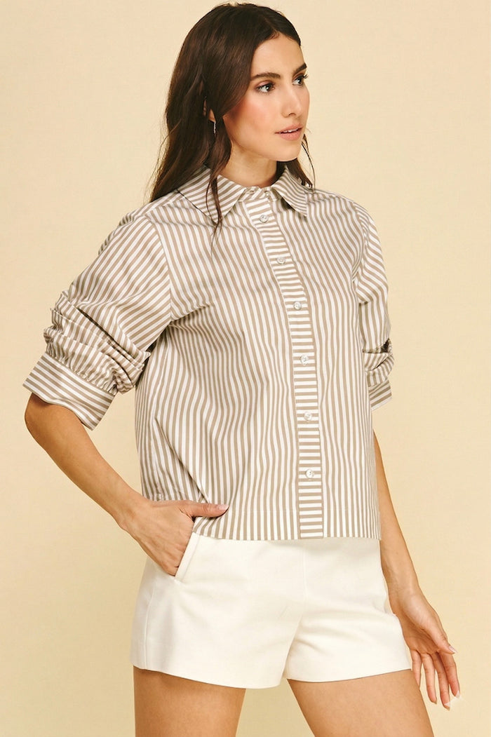 PINCH: RUCHED SLEEVE STRIPED BUTTON DOWN SHIRT - KHAKI