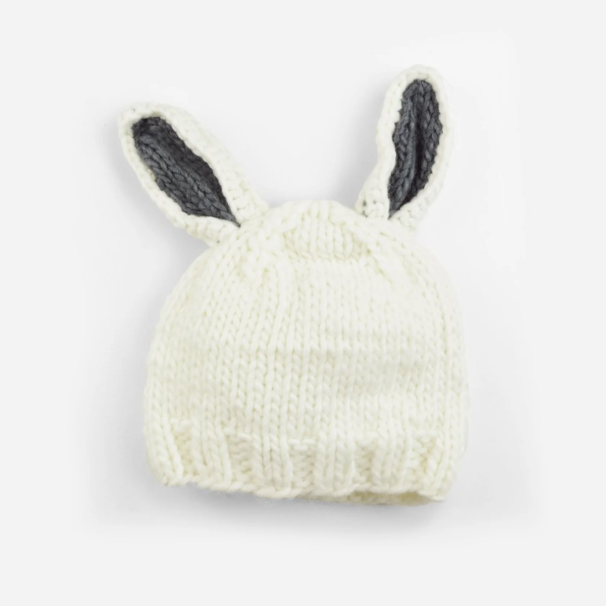 THE BLUEBERRY HILL: BAILEY BUNNY HAND-KNIT HAT - WHITE WITH GRAY EARS