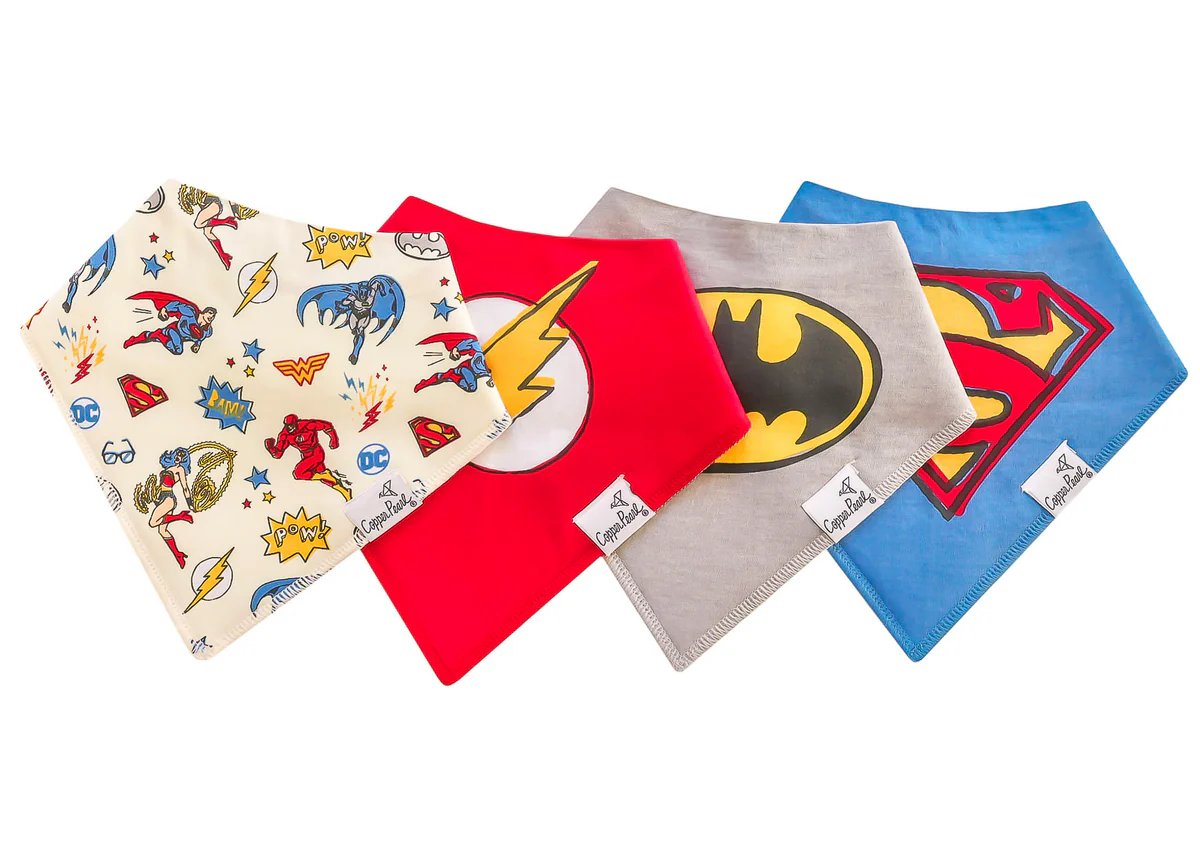 COPPER PEARL: JUSTICE LEAGUE BABY BANDANA BIBS (4-PACK)