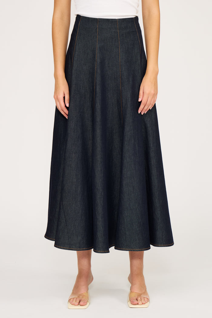 LUCY PARIS: NOVA CIRCLE SKIRT - DARK WASH DENIM