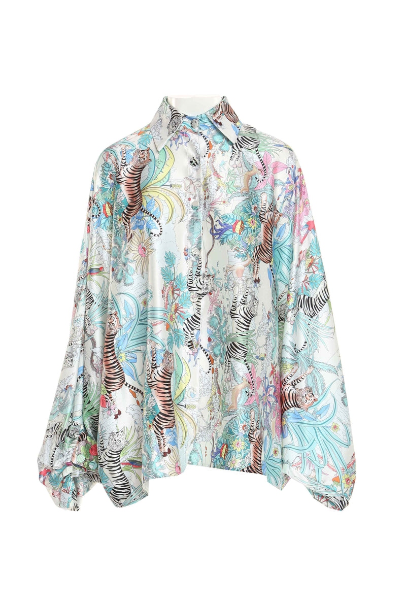 EXOTIC TURQUOISE PRINT SATIN BLOUSE