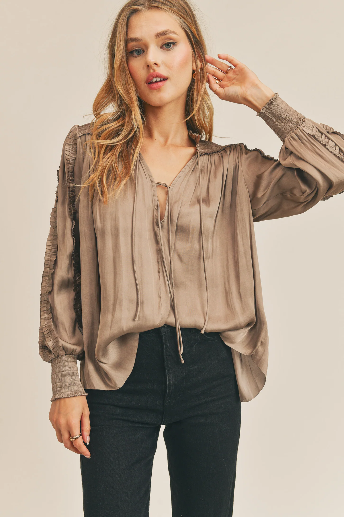 RESET BY JANE: KARISSA RUFFLE BLOUSE - MOCHA