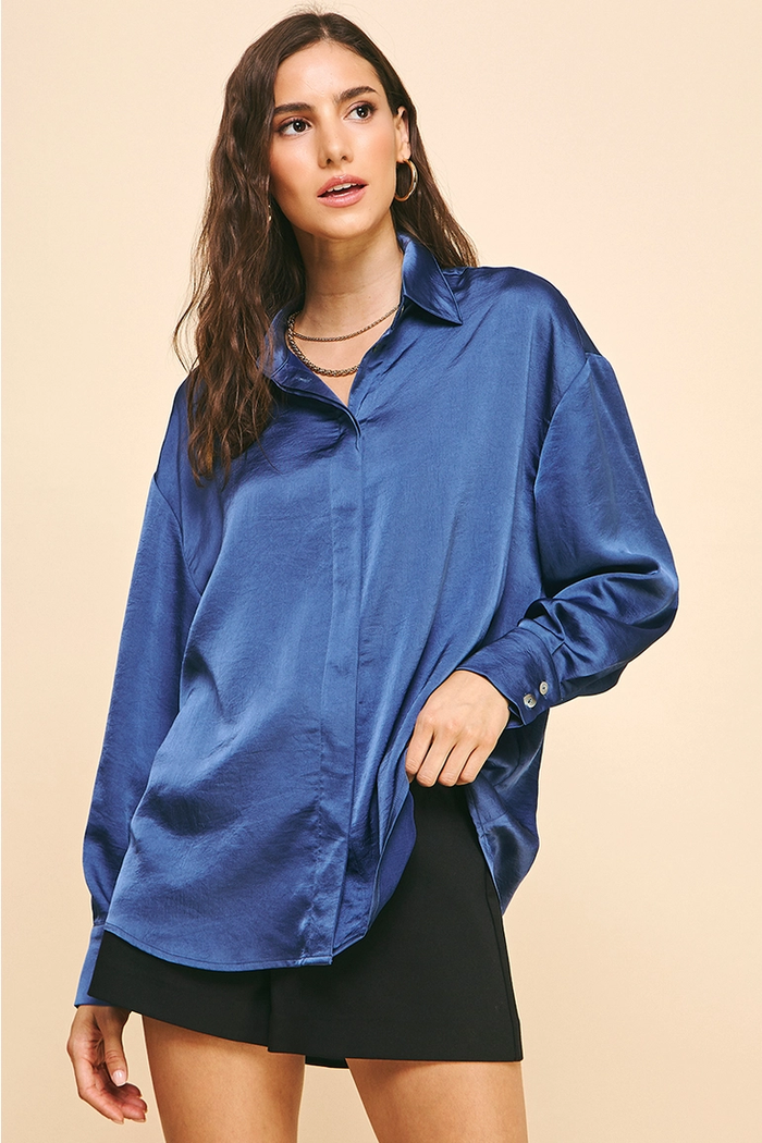 PINCH: SOLID SATIN BLOUSE TOP  - MIDNIGHT BLUE
