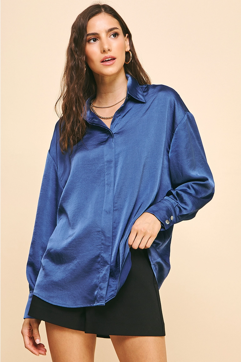 PINCH: SOLID SATIN BLOUSE TOP  - MIDNIGHT BLUE
