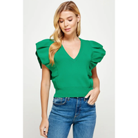 PLEATED SHORT SLEEVE KNIT TOP - EMERALD