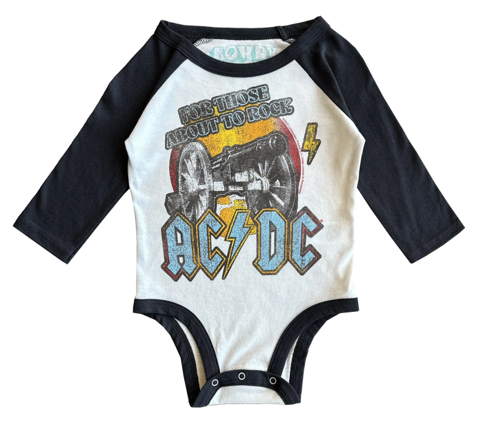 ROWDY SPROUT: ACDC FOR THOSE ABOUT TO ROCK RECYCLED ONESIE - VINTAGE WHITE / VINTAGE BLACK