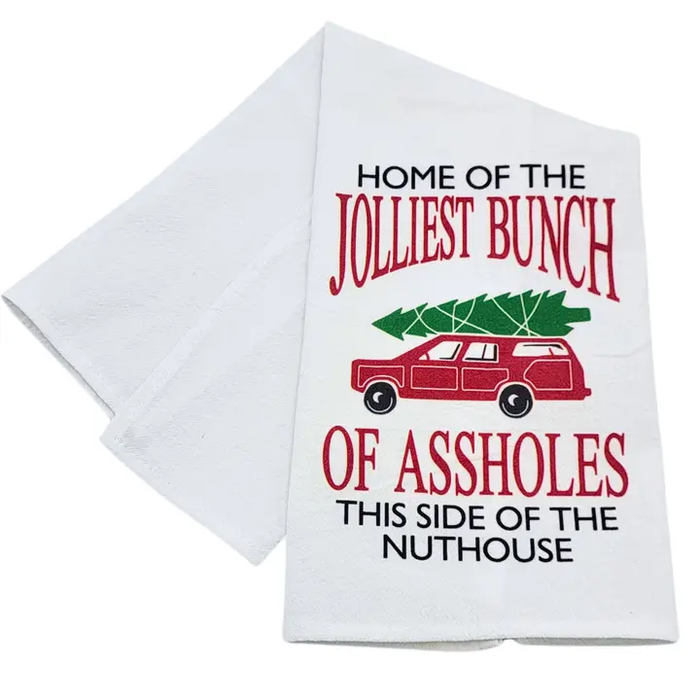 HOME OF THE JOLLIEST BUNCH FUNNY CHRISTMAS TEA TOWELS