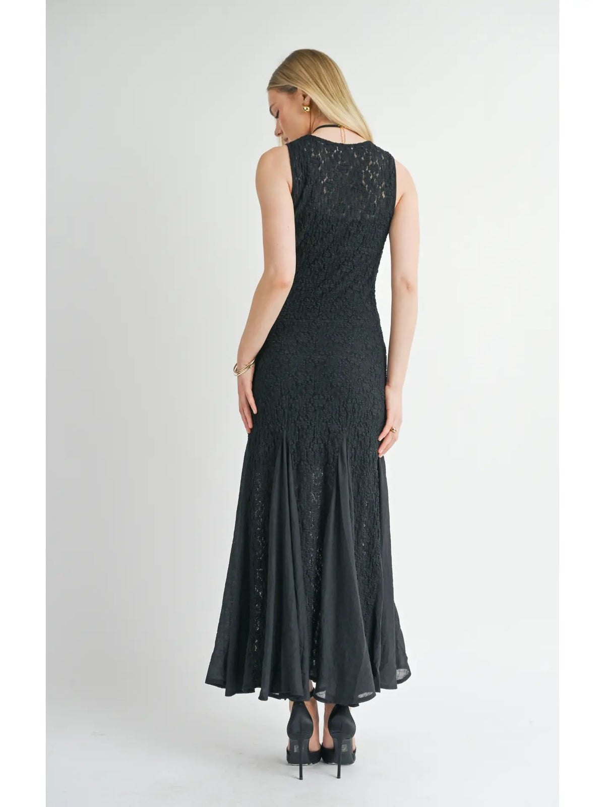 SAGE THE LABEL: JOURNEY CONTRAST GODET LACE MAXI DRESS - BLACK