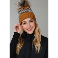 PANACHE APPAREL: CAMEL, BLACK, WHITE & BLUE PATTERNED POM HAT