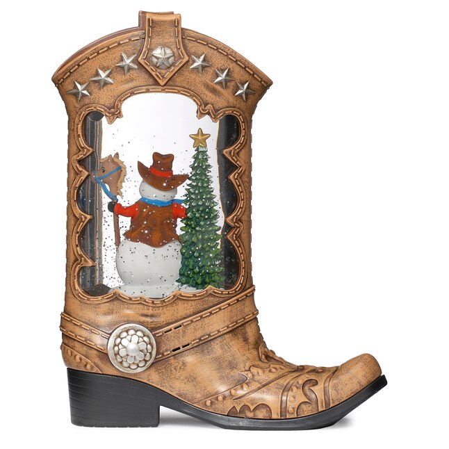 ROMAN: 10.25" LIGHTED SWIRL SNOW GLOBE BOOT WITH COWBOY SNOWMAN