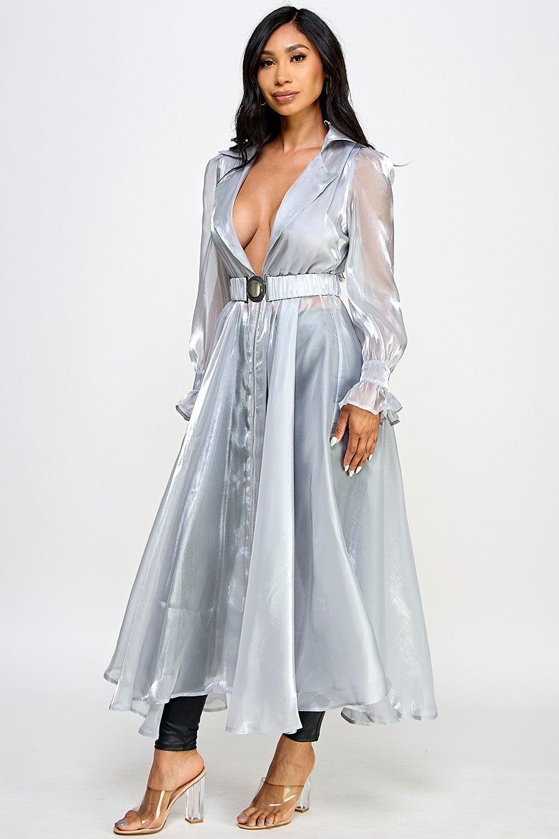 ORGANZA SHEER MESH COAT DRESS WITH BELT- SILVER