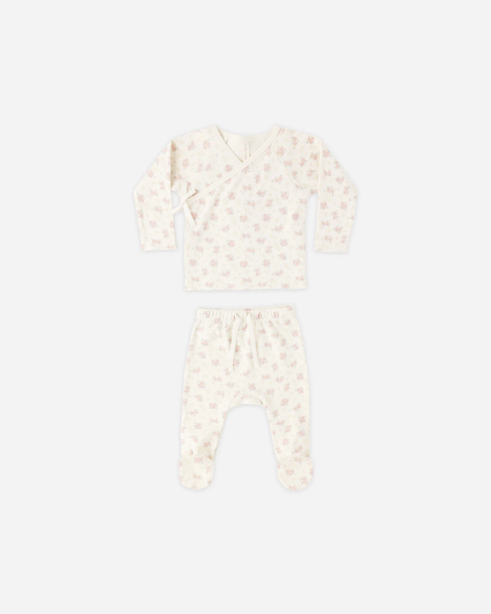 QUINCY MAE: WRAP TOP + FOOTED PANT SET || IVORY FLOWER FIELD