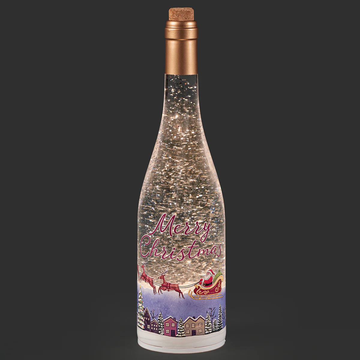 CONFETTI LITES LIGHTED SWIRL WINE BOTTLE WITH SANTA FLYING OVER TOWN