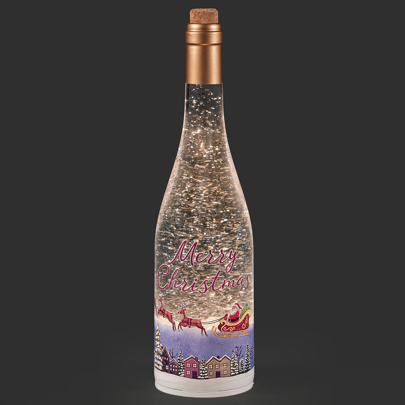 CONFETTI LITES LIGHTED SWIRL WINE BOTTLE WITH SANTA FLYING OVER TOWN