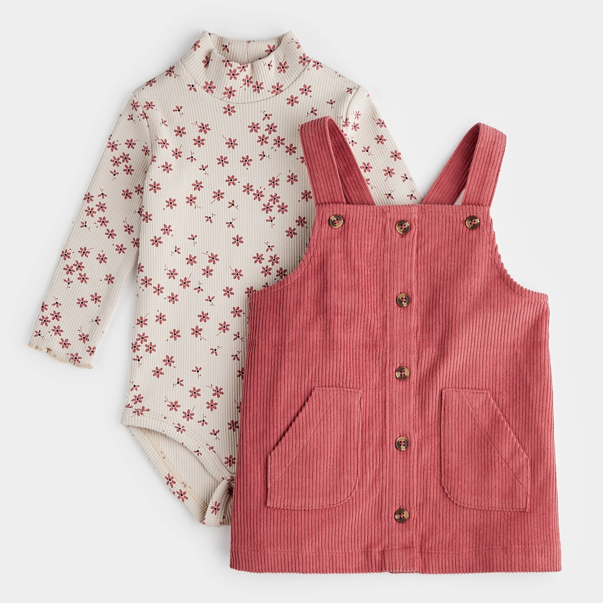 PETIT LEM: RASPBERRY CORDUROY OVERALL 2PC DRESS SET