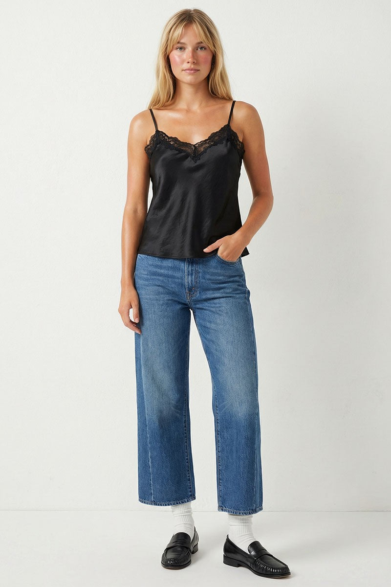 CLASSIC SATIN V-NECK LACE TRIM CAMI - BLACK