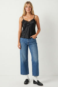 CLASSIC SATIN V-NECK LACE TRIM CAMI - BLACK