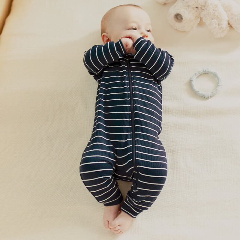 PETIT LEM: DRESS BLUES STRIPED MODAL RIB SLEEPER