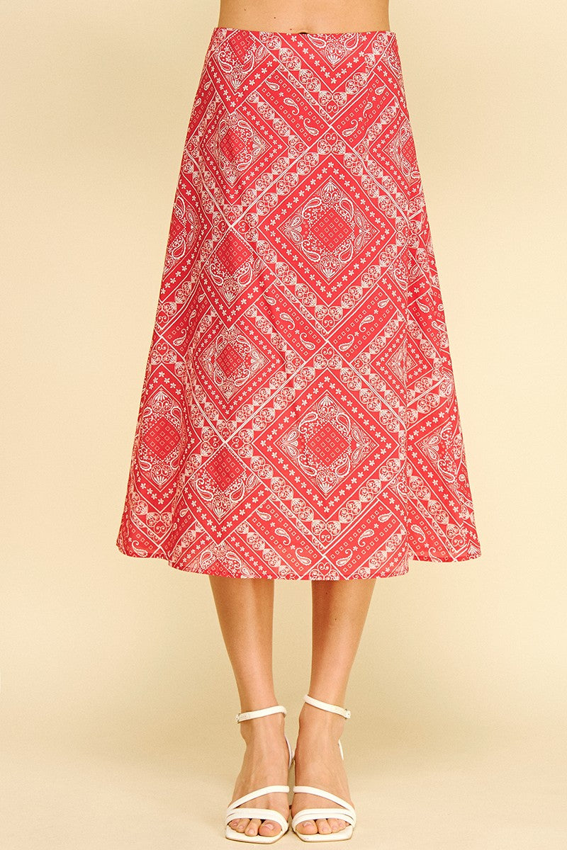 PINCH: BANDANA PRINT A-LINE MIDI SKIRT - RED