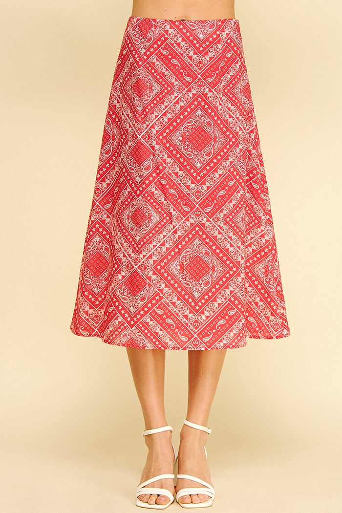 PINCH: BANDANA PRINT A-LINE MIDI SKIRT - RED