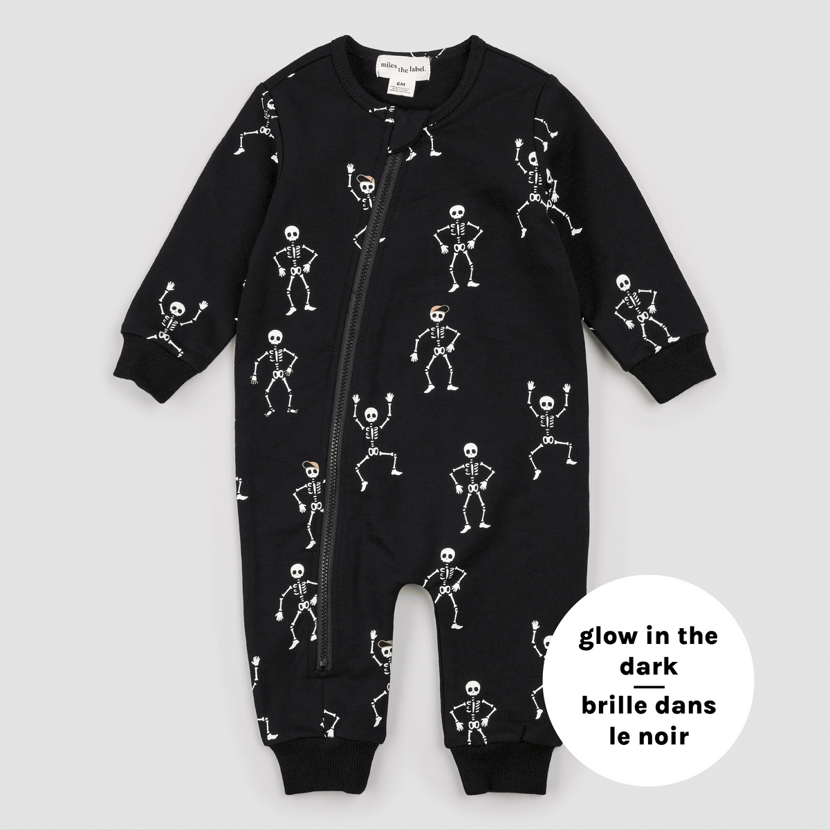 MILES THE LABEL: DANCING GLOW-IN-THE DARK SKELETONS BLACK PLAYSUIT - BLACK