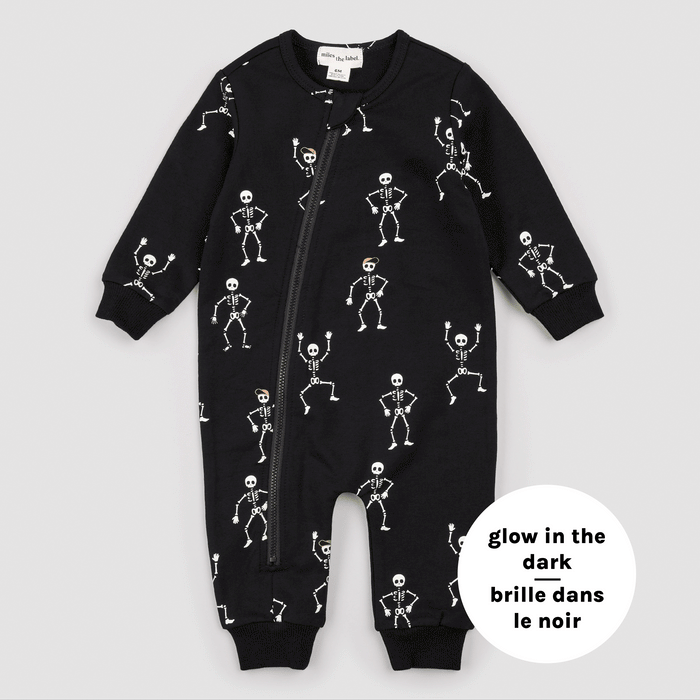 MILES THE LABEL: DANCING GLOW-IN-THE DARK SKELETONS BLACK PLAYSUIT - BLACK