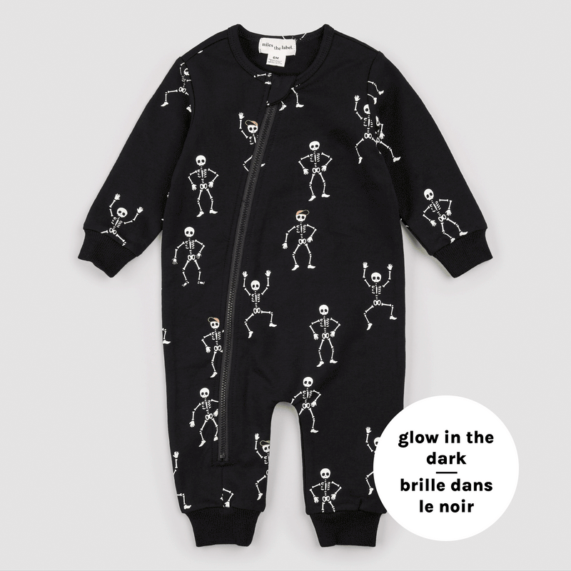 MILES THE LABEL: DANCING GLOW-IN-THE DARK SKELETONS BLACK PLAYSUIT - BLACK