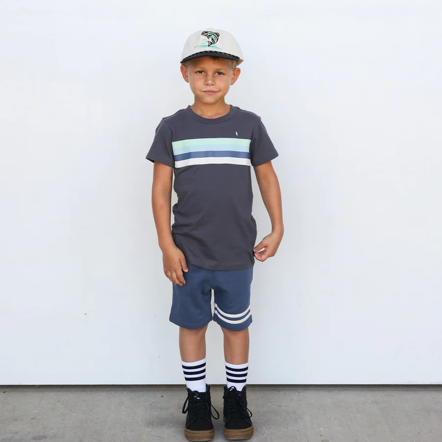 TINY WHALES: BOLT STRIPE TEE - VINTAGE BLACK/SEAFOAM