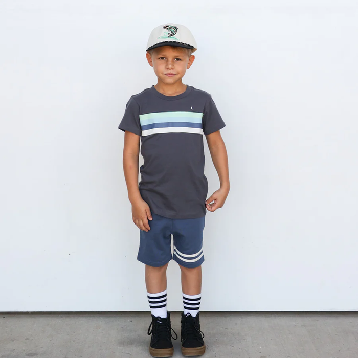 TINY WHALES: BOLT STRIPE TEE - VINTAGE BLACK/SEAFOAM