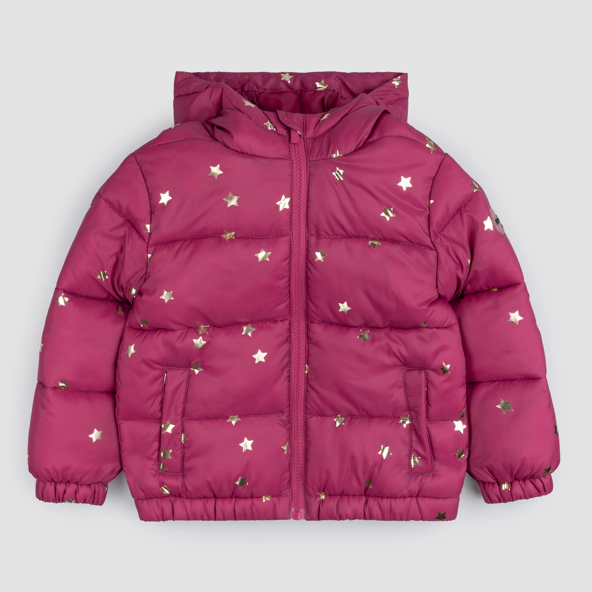 MILES THE LABEL: STAR PRINT ON MAGENTA HOODED PACKABLE JACKET WITH MATCHING BAG