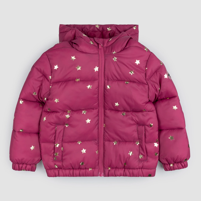 MILES THE LABEL: STAR PRINT ON MAGENTA HOODED PACKABLE JACKET WITH MATCHING BAG