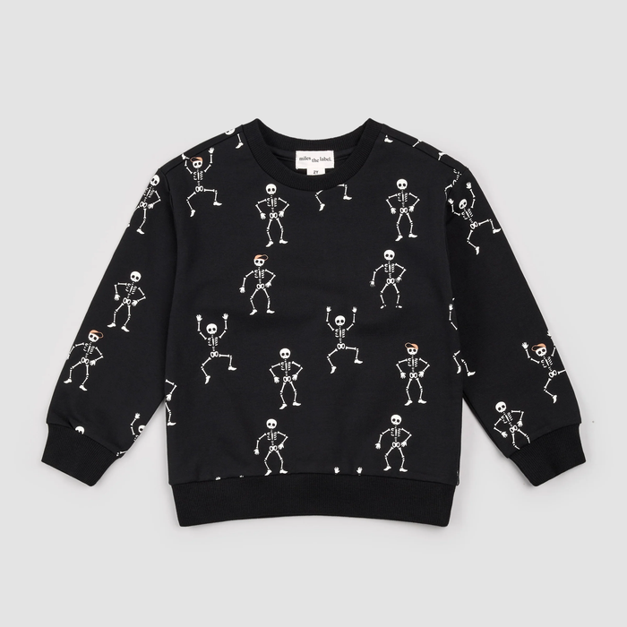 MILES THE LABEL: DANCING GLOW-IN-THE-DARK SKELETONS SWEATSHIRT - BLACK