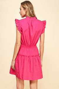 PLEATED RUFFLE MINI DRESS - POP PINK