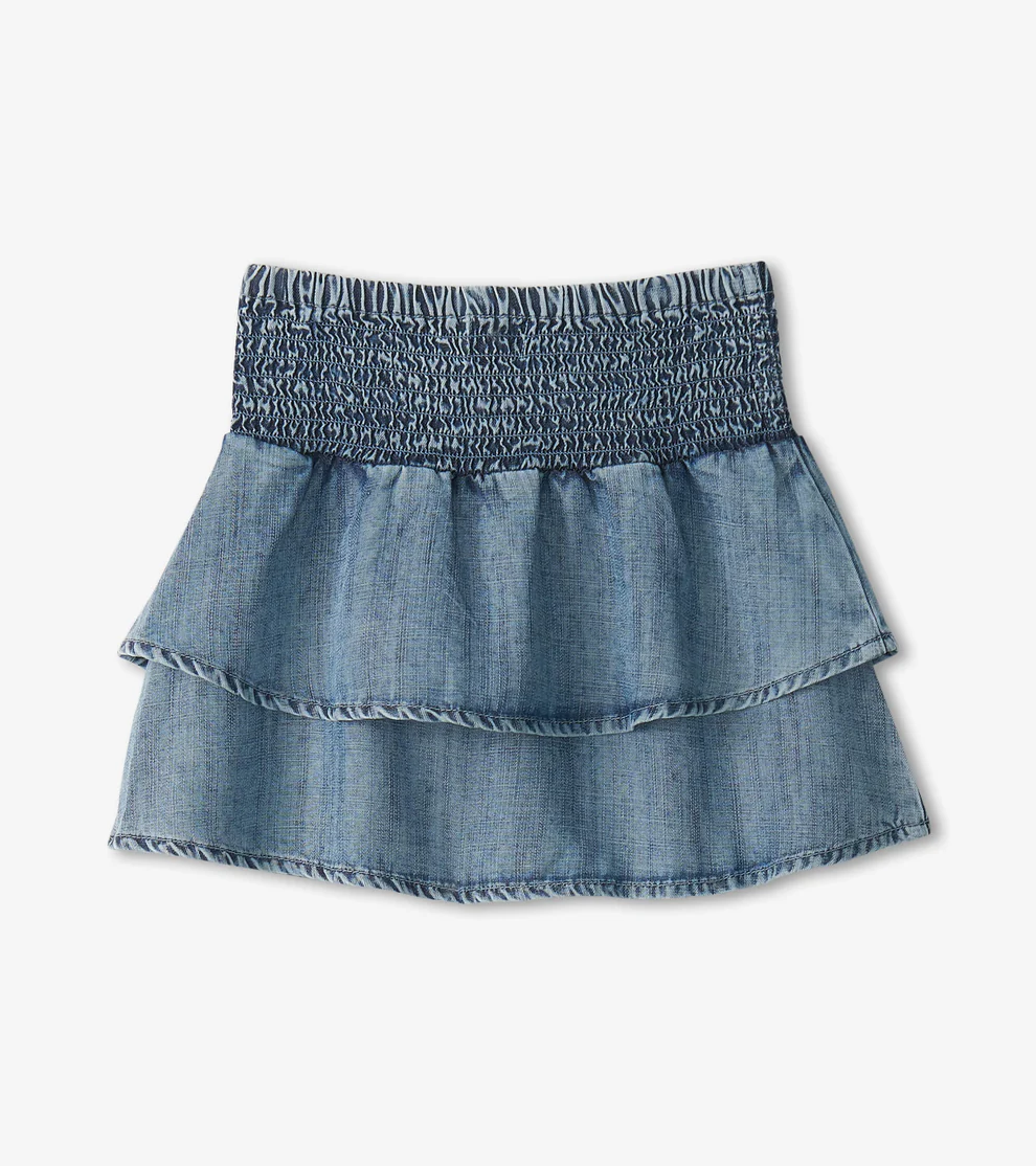 HATLEY: TENCEL SMOCKED SKIRT - BLUE ACID RINSE