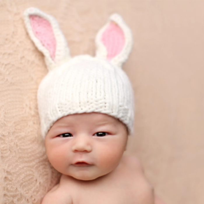 THE BLUEBERRY HILL: BAILEY BUNNY HAND-KNIT HAT - WHITE WITH PINK EARS