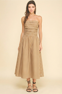 PINCH: STRIPED SMOCKED TUBE DRESS - TAUPE