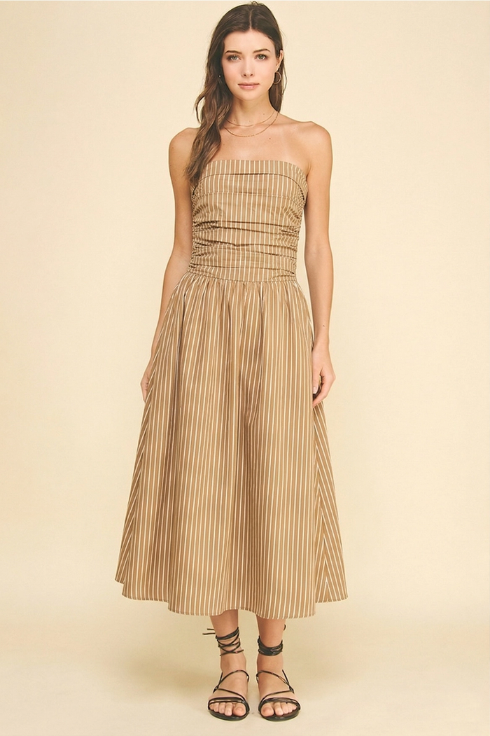 PINCH: STRIPED SMOCKED TUBE DRESS - TAUPE