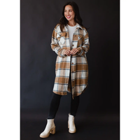 PANACHE APPAREL: TAN, CREAM, & GREY PLAID LONG FLANNEL